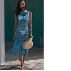 By Anthropologie Celandine Crochet Fringe Midi Dress SIZE S new blue nwt